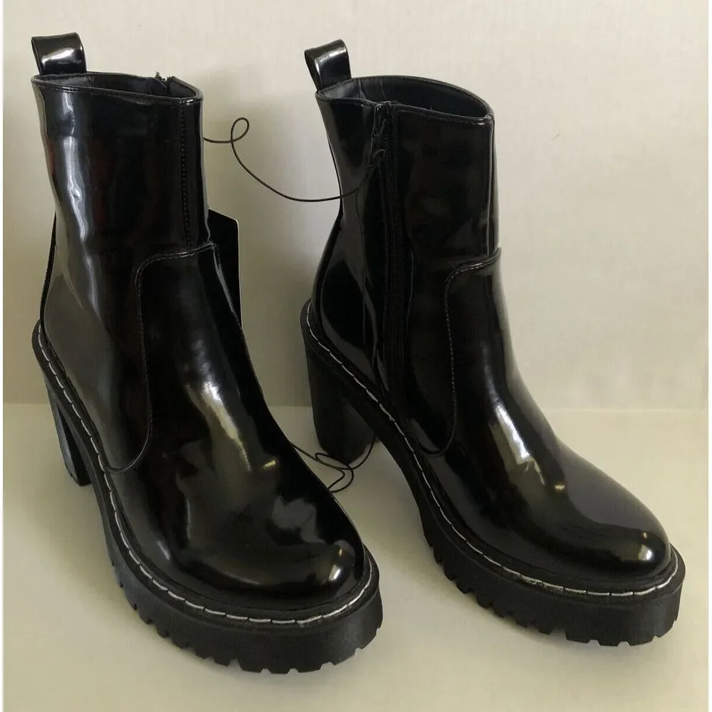 Forever 21 Chelsea Boots Womens Size 8 Faux Leather Black w/‎ Zipper Chunky Heel